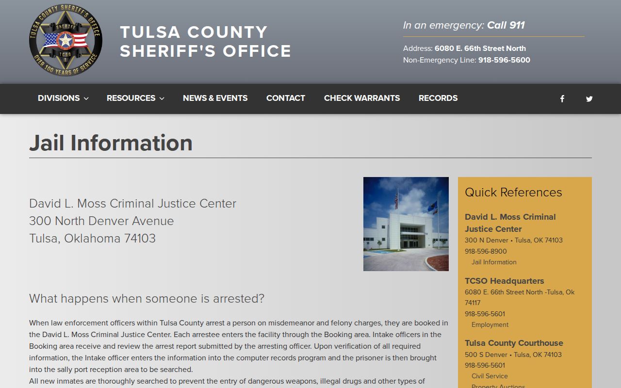 Tulsa County jail roster information for official booking records