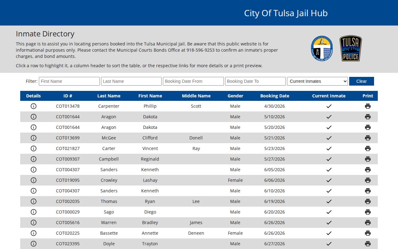 City of Tulsa Municipal Jail inmate information hub