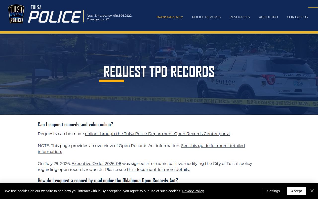 Tulsa Police open records page describing municipal jail blotter retention